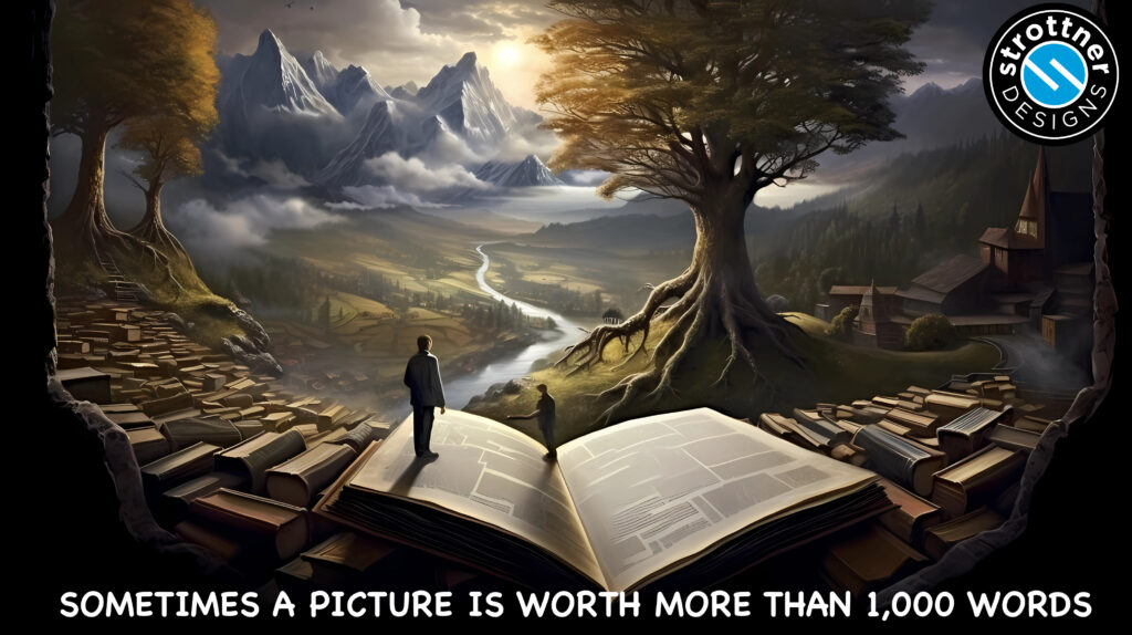 a fantasy landscape with books as the ground introducing the image SEO topic